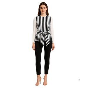 🖤 Gracia Sleeveless Blouse Women's Large Black/White Striped Tie Front Stretch